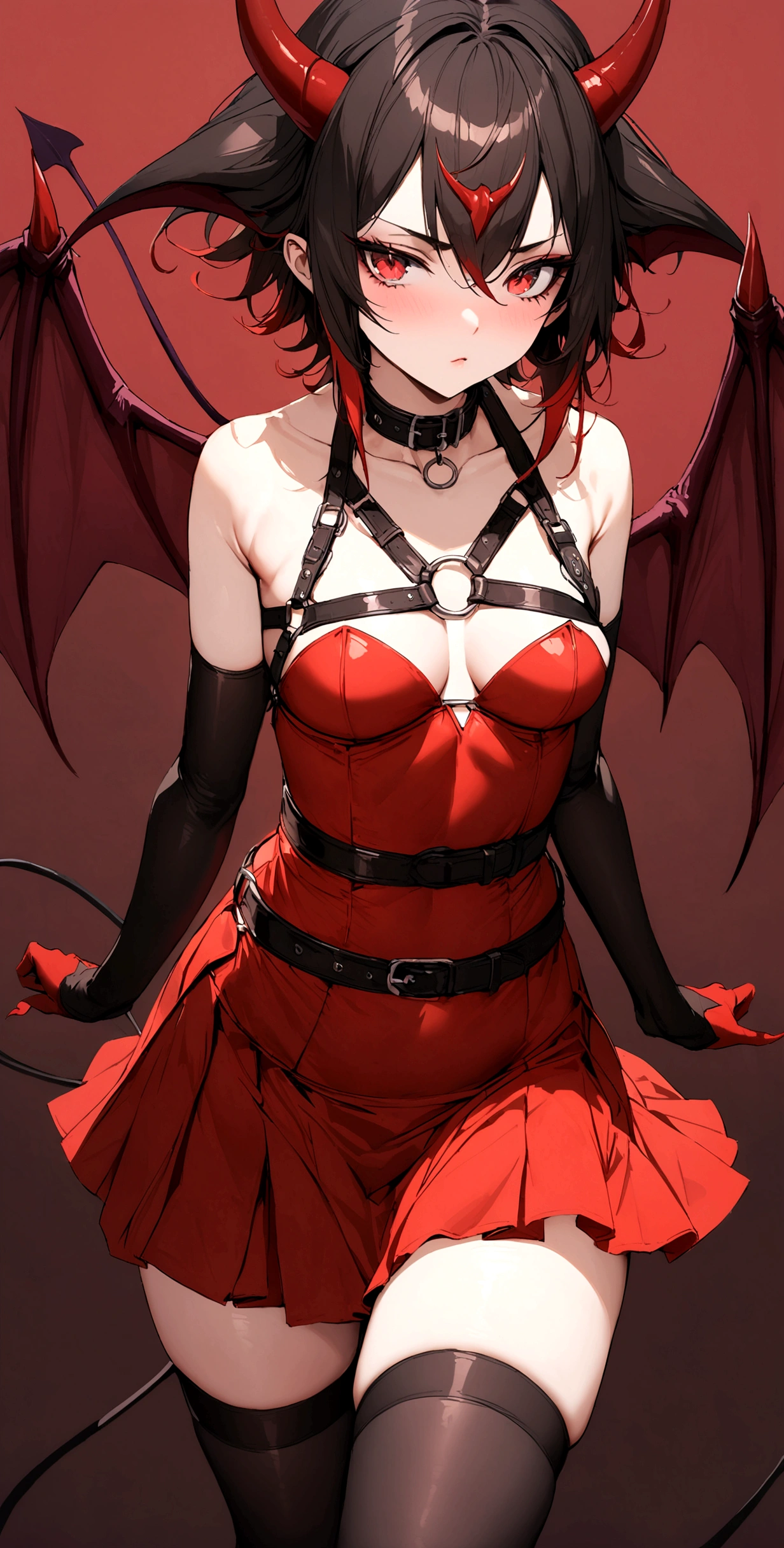 a beautiful red-horned demoness with short black hair, scarlet eyes, and a sexy demon tail, wearing a very short red skirt, tight black stockings, and a harness collar