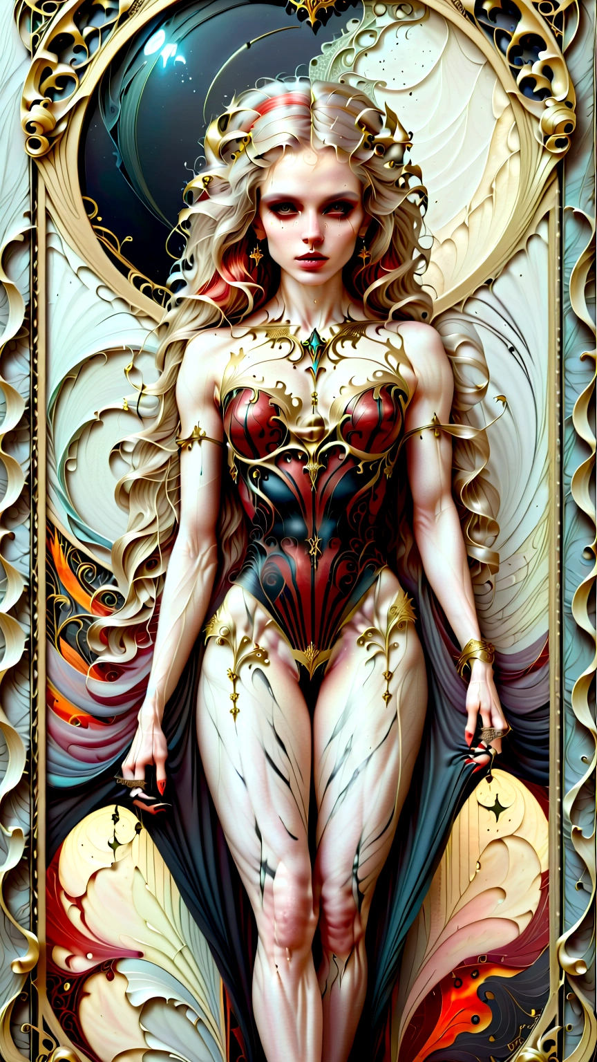 a beautiful illustration of a very muscular vampire girl in an abstract marble texture with a tarot style frame, with colors of obsidian black, shiny gold, and ruby red, highly detailed, intricate design, BY Anne Bachelier,