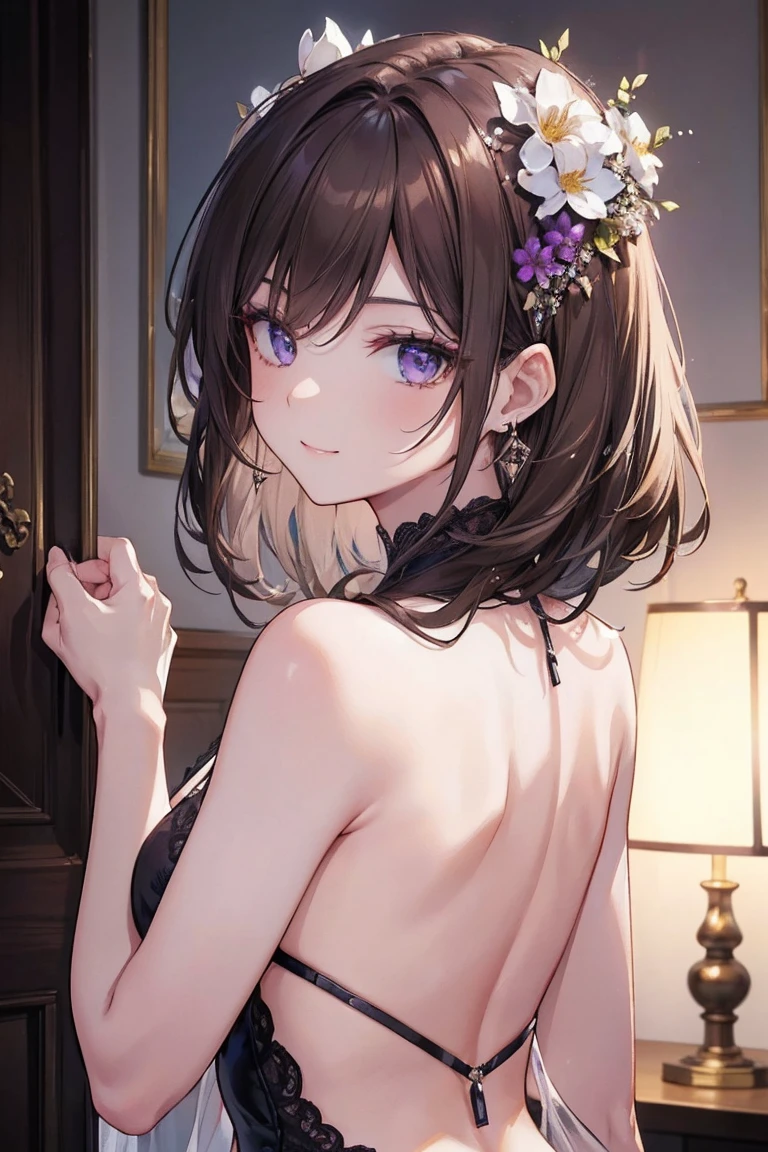 ((Highest quality)), ((masterpiece)), (detailed), Perfect Face, ((Highest quality, 8K, masterpiece: 1.3)), Sharp focus Beautiful woman with perfect body, Slim abdomen, Highly detailed face and skin texture, Fine grain, double eyelid, Brown Hair, Low Twin Blade, Hair Flowers, Heart Earrings, From behind, Captivating smile, Seductive pose, Bedroom, Dimly lit room, Purple lighting