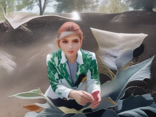 a woman wearing a stylish blazer, detailed face, beautiful eyes, high quality, photorealistic, 8k, sunflower, some trees