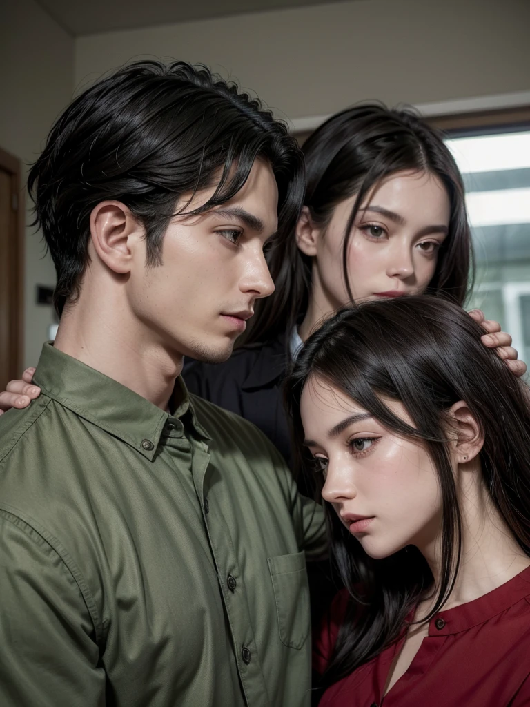 a woman and a man turning their backs to each other, the man has black hair and green eyes, and the woman has black hair and brown eyes with a red dress and the man has a button-down shirt. They are approximately 20 years old and very handsome.