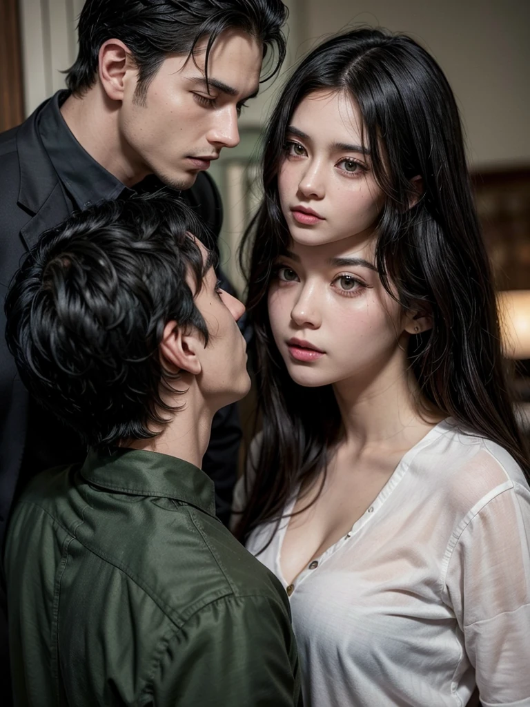 a woman and a man turning their backs to each other, the man has black hair and green eyes, and the woman has black hair and brown eyes with a red dress and the man has a button-down shirt. They are approximately 20 years old and very handsome.