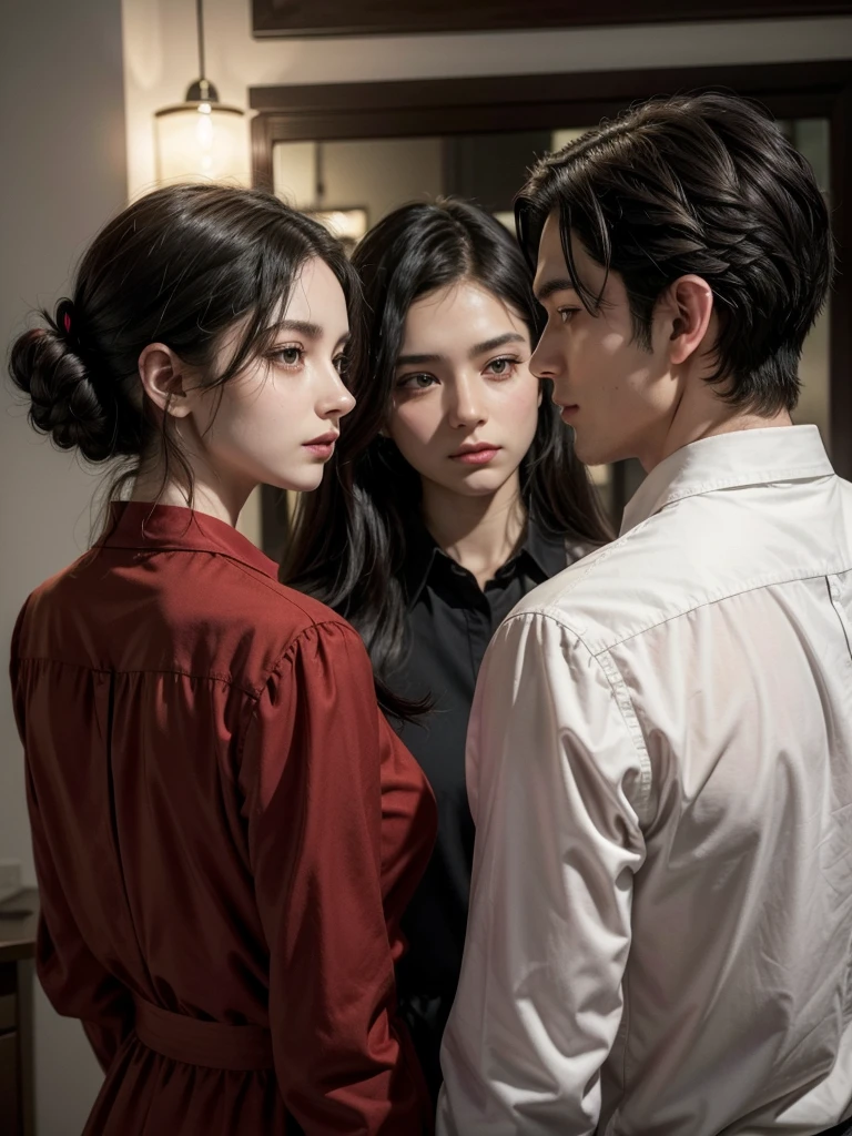 a woman and a man turning their backs to each other, the man has black hair and green eyes, and the woman has black hair and brown eyes with a red dress and the man has a button-down shirt. They are approximately 20 years old and very handsome.