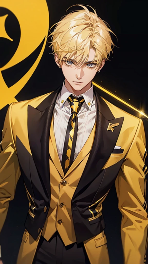 Man, college student, short hair, straight hair, gold ear cuff, yellow and black striped suit, upper body