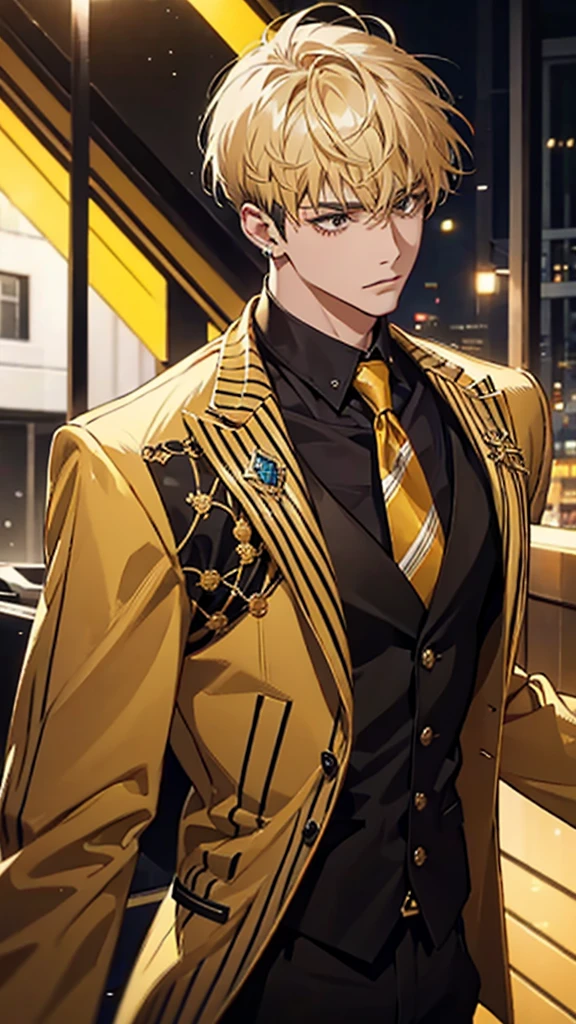Man, college student, short hair, straight hair, gold ear cuff, yellow and black striped suit, upper body