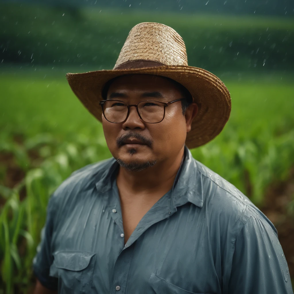 Chubby, Asian man, fat, 50 year old, Wear eyeglasses, wear a straw hat, shirtless,Take off shirt, farmer, rain, wet from the rain, in the field