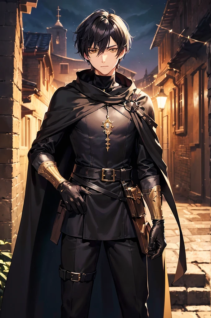 (masterpiece; best quality: 1.2), (finely detailed eyes: 1.3), ((25 year old man)), ((solo)), (yellow eyes: 1.4), (body; lithe, lean, slender: 1.3), (very short black hair: 1.3), (beautiful and clear background: 1.2), ((depth of field)), (clothes: black assassin attire + black high-neck tunic + black pants + black gloves + black cloak + belts + traveler pouches and satchel: 1.3), (anime illustration: 1.2), (background; medieval slums alleyway + night: 1.1), (extremely fine and handsome: 1.1), (shot composition; standing + centered on torso + close-up: 1.5), (expression; calm, stoic: 1.2)