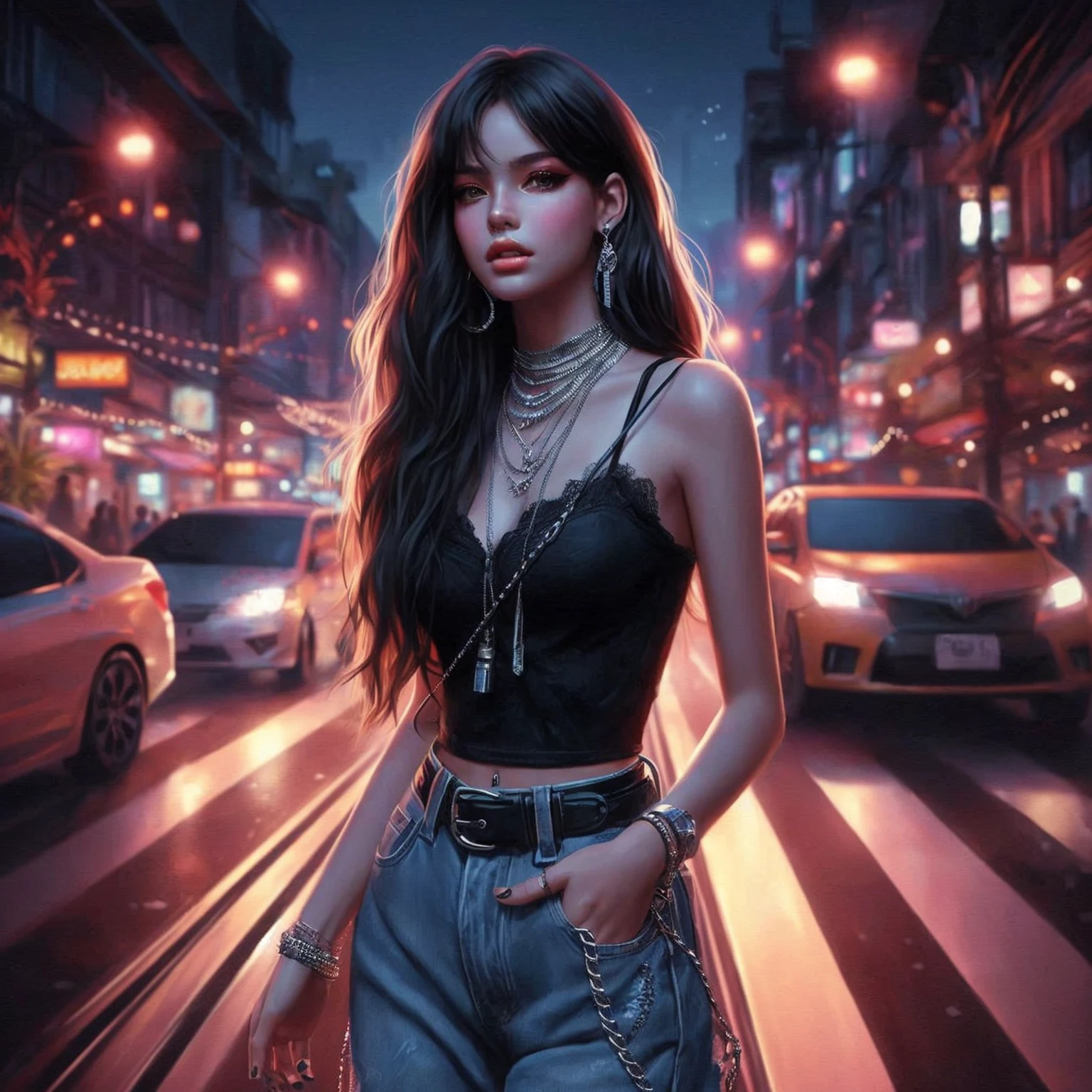 arafed image of a woman in a black top and shorts standing in a crowded street, cyberpunk vibe, cyberpunk vibes, cyberpunk art style, cyberpunk girl, urban girl fanart, artwork in the style of guweiz, beautiful digital artwork, stylized urban fantasy artwork, deviantart artstation cgscosiety, in cyberpunk city, trending on cgstation