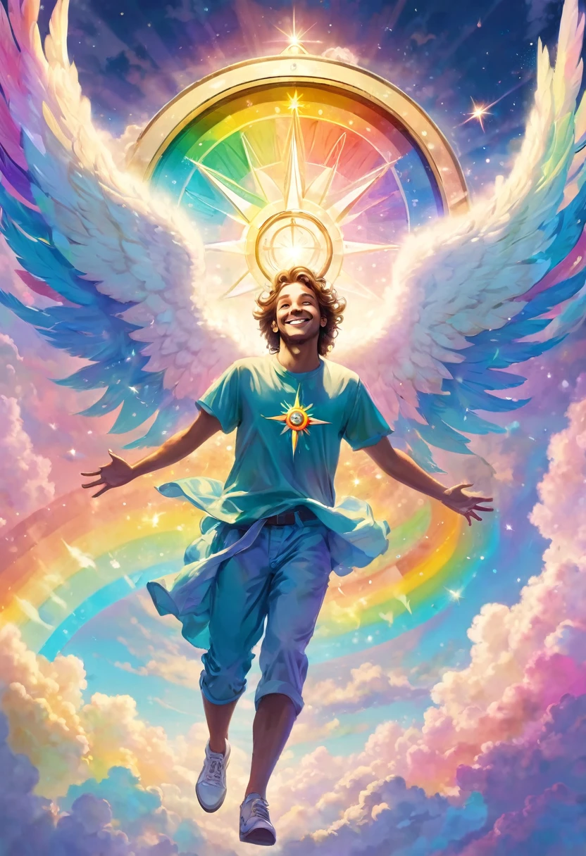 Big compass in rainbow pastel colors, floating in the clouds, mysterious, glowing, perfect lighting, angel man looking, smiling
