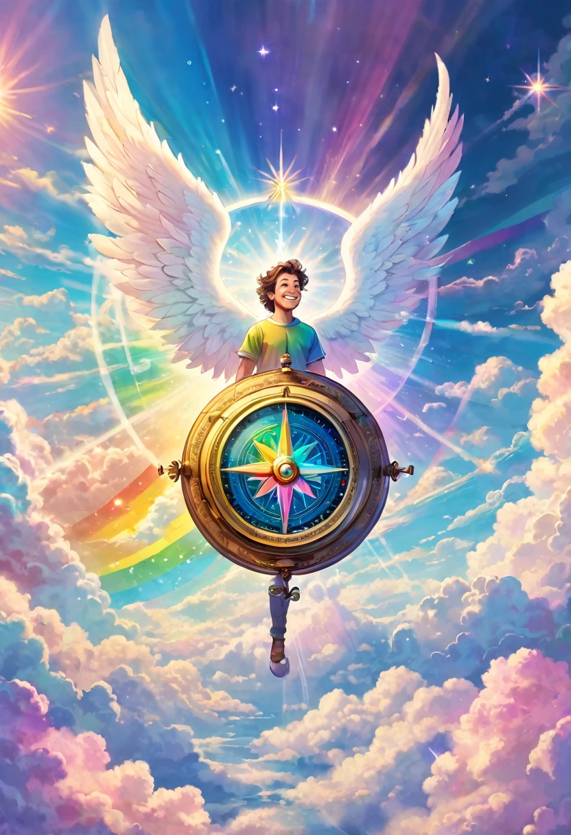 Big compass in rainbow pastel colors, floating in the clouds, mysterious, glowing, perfect lighting, angel man looking, smiling