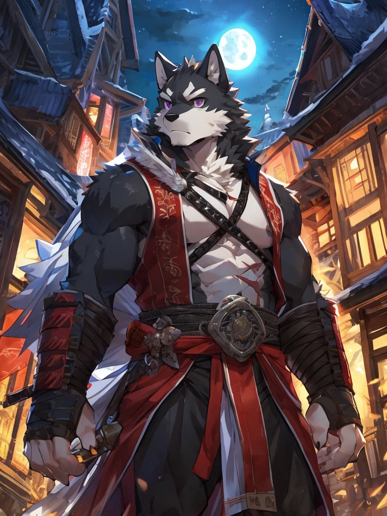 embedding:Black wolf,male, Purple eyes,Scar on the face, Single Person,black fur.Broken eyebrow,tramp Samurai,Samurai suit,Ancient style,With a samurai sword at his waist.Handsome,Muscular,Tall,Serious,Night,Best quality hands, best quality eye,detailed fur,Delicate eyes.Extreme picture quality,by sollyz,by zixiong,by milkytiger1145