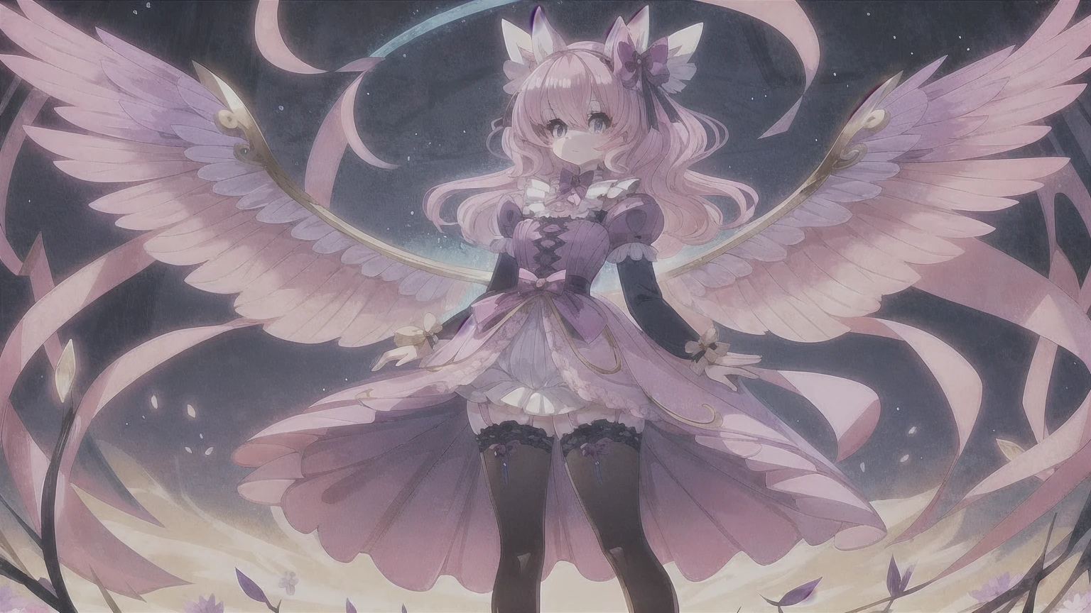 This character is a beautifully designed anime-like character with delicate features. She has long, pastel pink hair that flows down to her ankles, with bangs swept to the side. Her eyes are large and expressive, with pink irises, which are commonly seen in anime-style characters. She is wearing a fantasy-inspired outfit that combines purple and black colors with gold accents. The outfit includes a form-fitting bodice with a high collar, frills, lace details, and thigh-high stockings with ribbon lacing. The character is adorned with ribbon-like accessories, such as a large bow in her hair and smaller bows on her outfit. She also has gold chains hanging from her waist and thigh. Her pose is playful, with one leg lifted slightly and a finger held to her lips, suggesting a secret or silence. Additionally, she has two elaborate wings, possibly mechanical or magical in nature, with multiple segments and a circular design near the base. The character is depicted in a vibrant scene with flowers matching her hair color, patches of grass, and a gemstone on the ground, creating a whimsical and otherworldly atmosphere.ちびキャラ