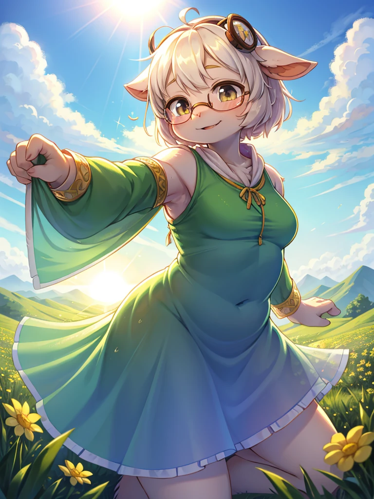 Hallucination , (ugly geek Sow) , (butterface) , relaxed Fluttering white thin huge 1fabric , Dancing on the top of hill , halation , Strong sunlight , The fabric is see-through, so your skin is visible , Divine Light , morning dew