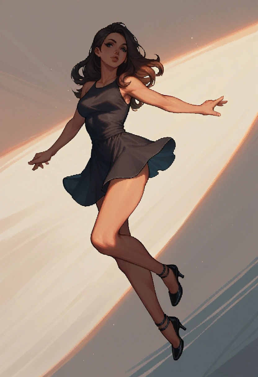 score_9, score_8_up, score_7_up, score_6_up, detailed pixel art of a woman, brown, smooth skin, black eyes, long dark brown hair, full lips, slender physique, black skater dress, black heels