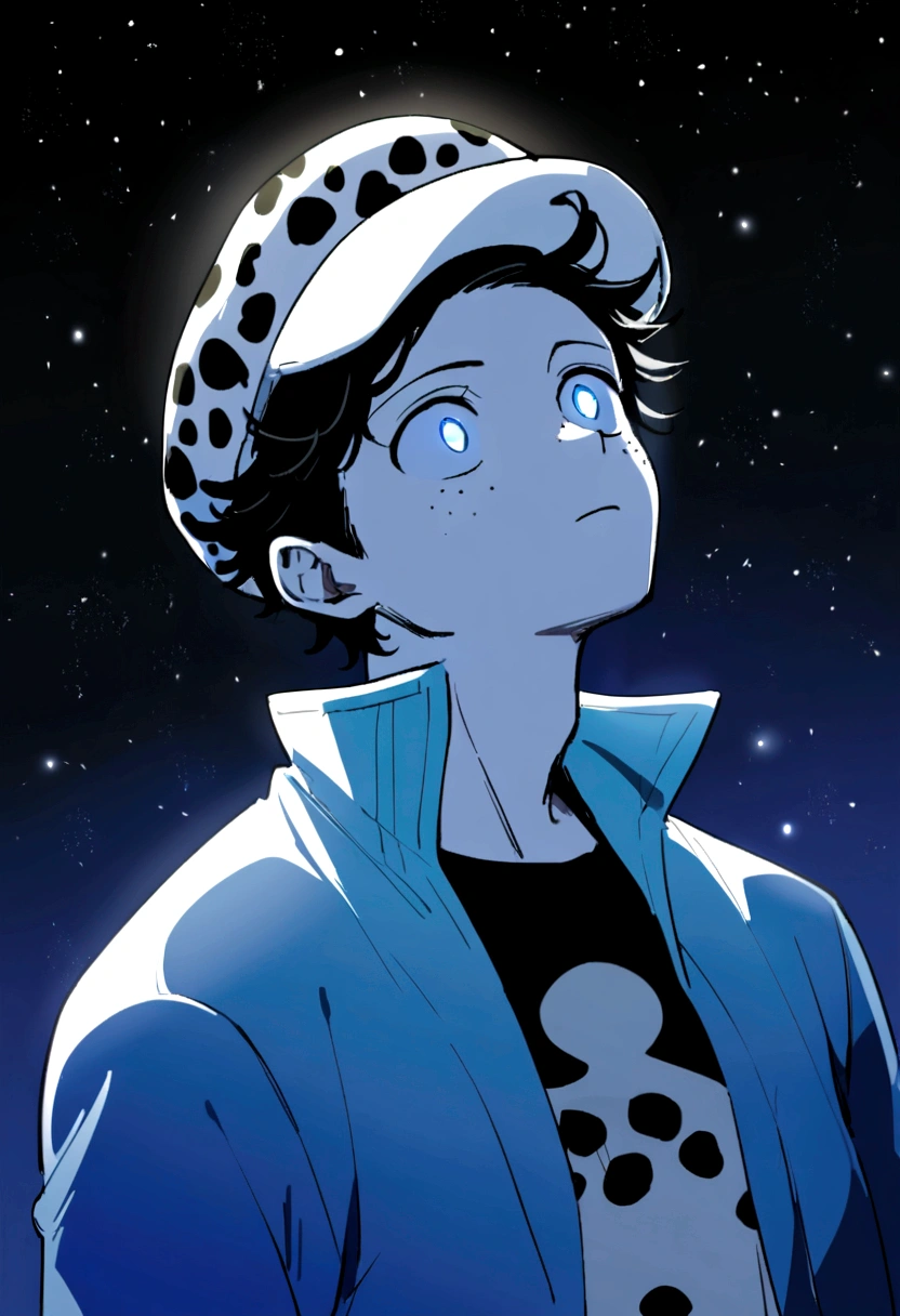 1 chico , cheered up , from onepiece , looking at the sky in amazement ,half body , looking at the stars , short wavy black hair , white skin with slight freckles , neutral eyes without shine royal blue color , black shirt , gray open sweater , wearing the white cap like Trafalgar law but completely white