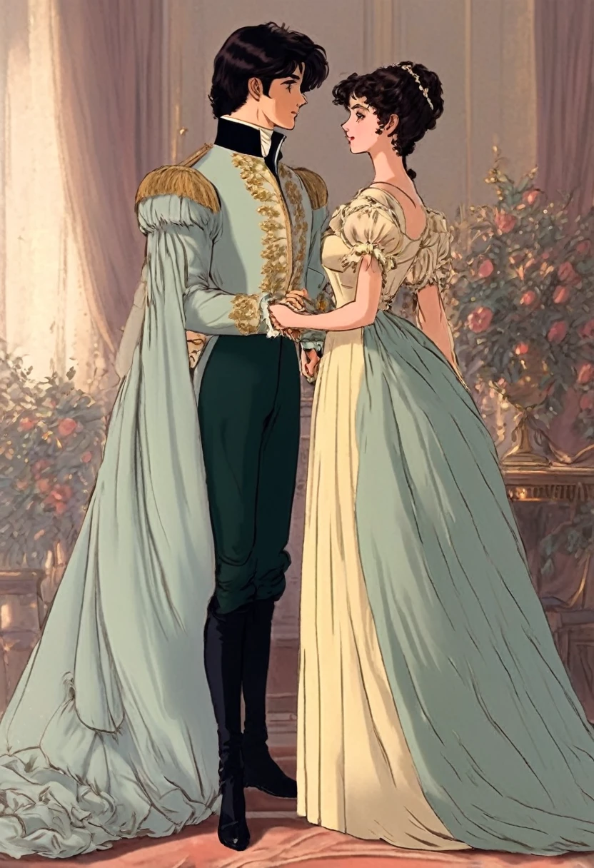 Very British English Regency 1797 to 1822 looks feels Very best quality, masterpiece , a very retro vintage kinda look feel 8K,High HD,higher rselutionHigh quality very anime semi realism Show a very English regency period young handsome looking couple male anf female show woman in noeclassical loose kinda thin kinda almost greco romanesque style dress with high waist short kind very somewhat puffed sleeves in pastel shades and colors with a very regency period looking young man dashing kinda rakish very very dark night dark hair haired even very kinda Bridgerton/Jabe Austen kinda looks feels in Regency England drawing room settings classical British look feels with female women empire high waisted detailed dresses