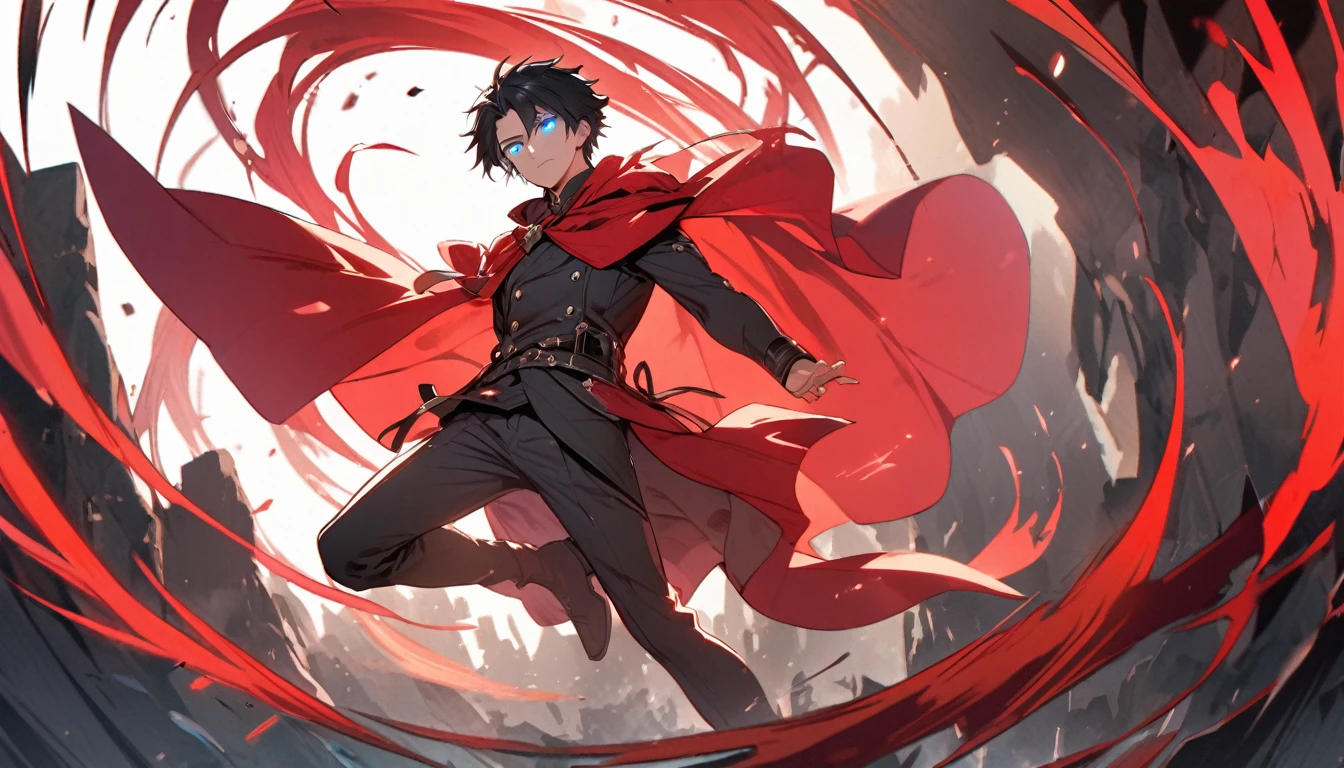 Male, solo, handsome, black hair, blue eyes, glowing eyes, red cloak, young, full body