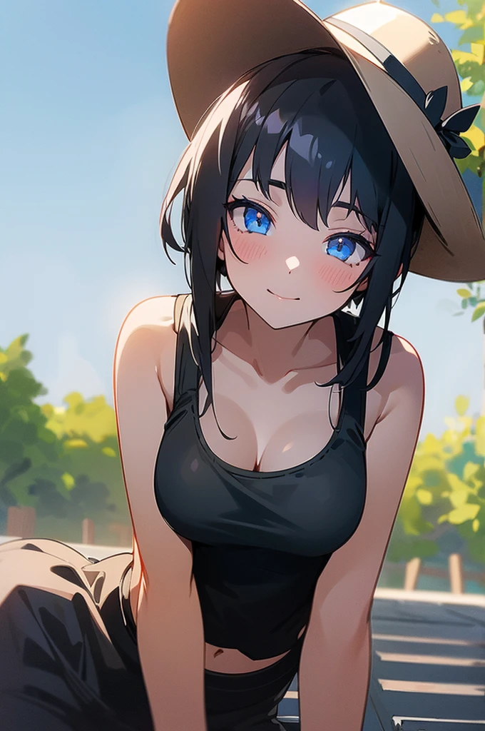 1girl,black_sun_hat,blue_eyes,black_hair,garden_background,sun_shining_on_ground,cute_face,black_crop_top,black_sunglasses.