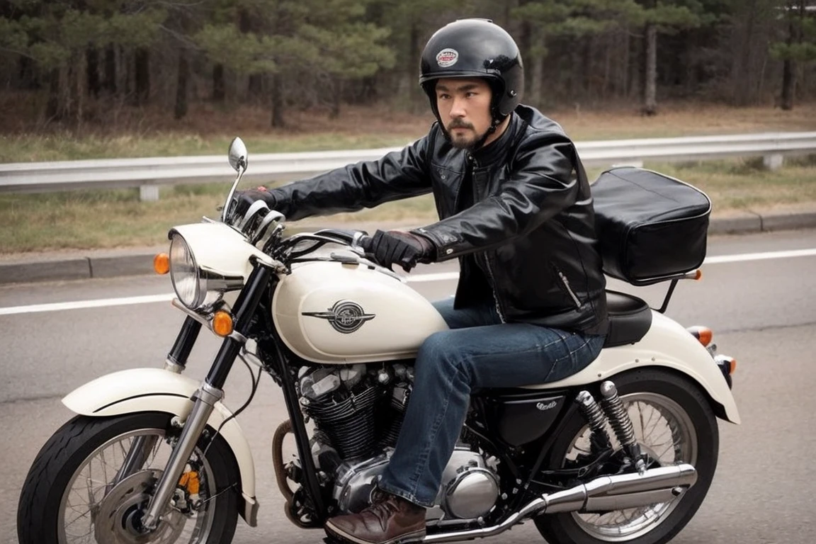 Image of a man riding a classic motorcycle。His clothes and motorcycle are all retro in design.、Creates a vintage atmosphere。