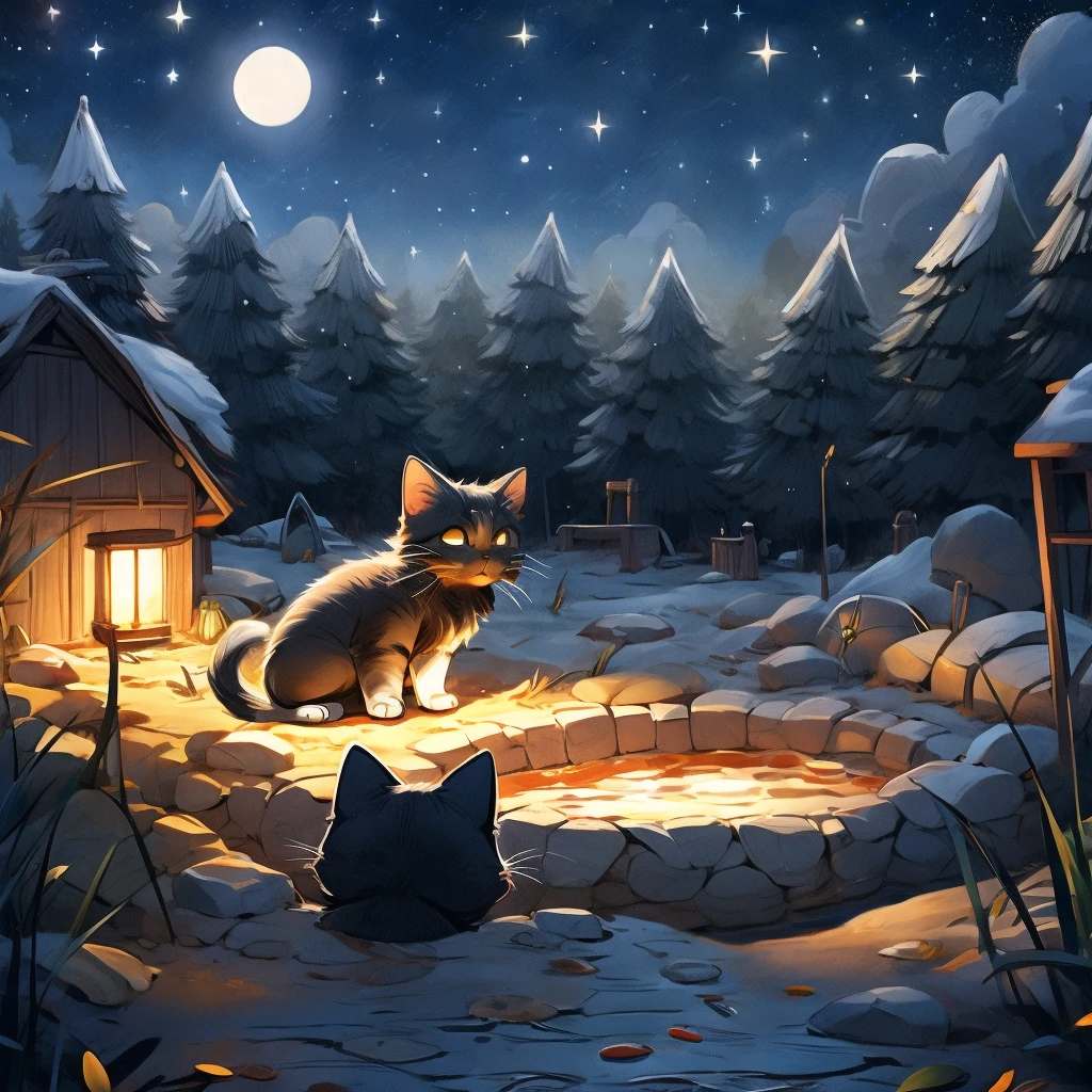 Black cat kitten、Sandbox at night、Looking at the shining puddle
