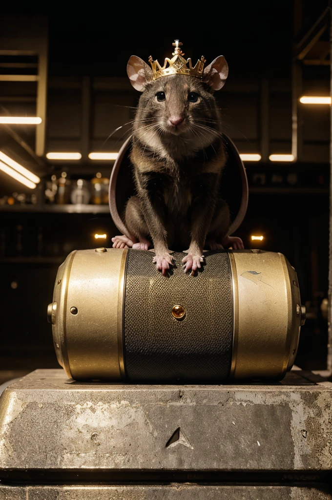 a mouse on top of a high cylinder motorcycle with a gold and diamond crown (4k 8k full hd