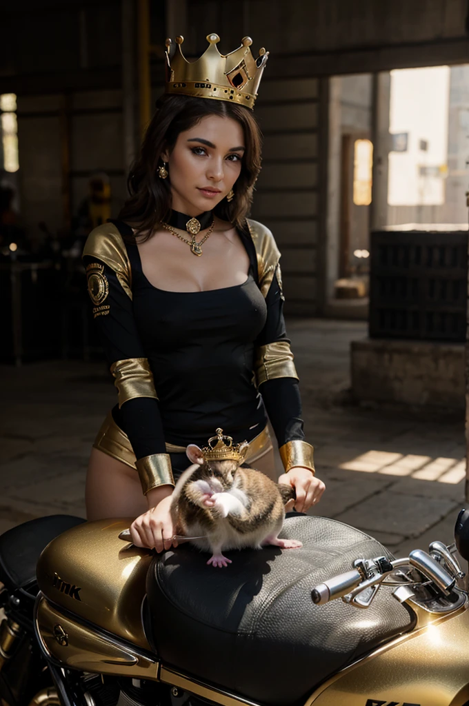 a mouse on top of a high cylinder motorcycle with a gold and diamond crown (4k 8k full hd
