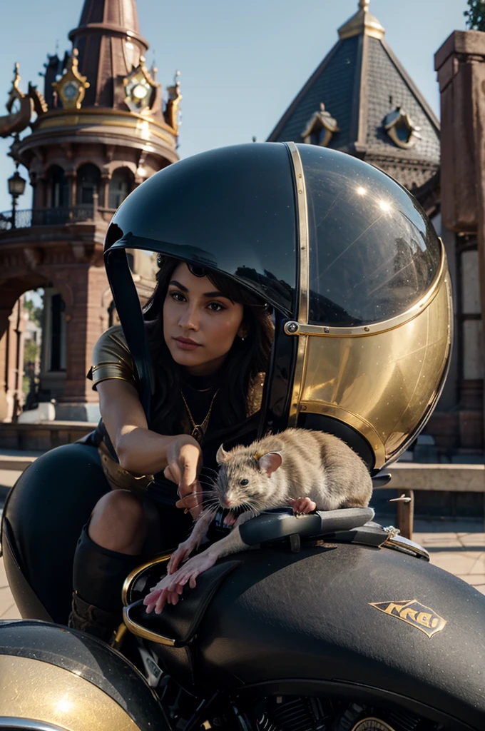 a mouse on top of a high cylinder motorcycle with a gold and diamond crown (4k 8k full hd