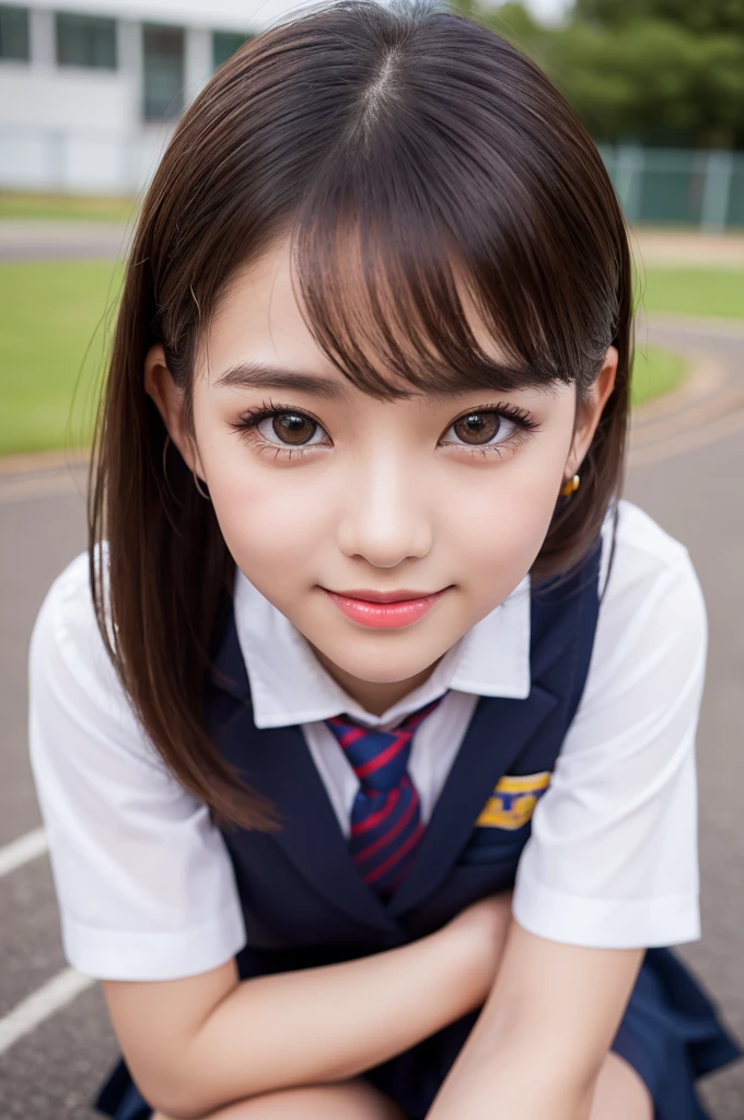(Ultra-Realistic Skin),((Highest quality, 8K, masterpiece: 1.3)), ((Bewitching Woman))、Voluptuous figure、((Japanese schoolgirl))、Bobcut, Ultra detailed face, Highly detailed lips, Detailed eyes, double eyelid 、Big nipples、1 woman、Red Lip、Drooping eyes、((Heavy makeup))、(Very shiny skin)、((Wearing a high school uniform))、spotless face、((とてもMoist Skin))、A ruddy face、Thick lips、Dark Eyes、Plump Che(Moist Skin))、Provocative smile、Invisible angle、(Angle above the knee)、School playground、Brown Skin、