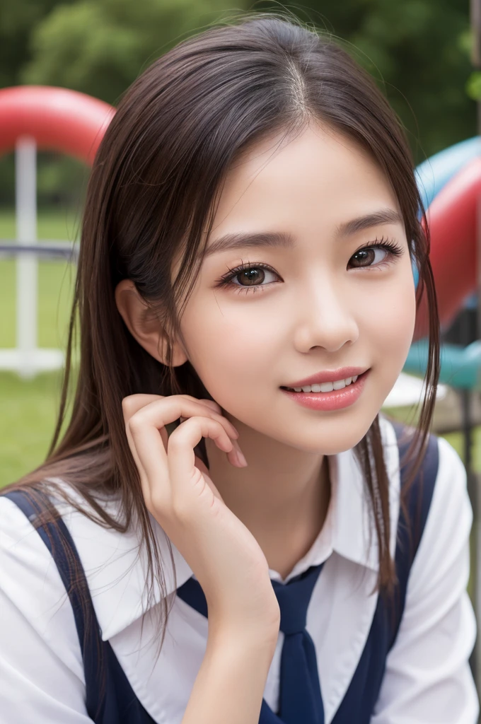 (Ultra-Realistic Skin),((Highest quality, 8K, masterpiece: 1.3)), ((Bewitching Woman))、Voluptuous figure、((Japanese schoolgirl))、Bobcut, Ultra detailed face, Highly detailed lips, Detailed eyes, double eyelid 、Big nipples、1 woman、Red Lip、Drooping eyes、((Heavy makeup))、(Very shiny skin)、((Wearing a high school uniform))、spotless face、((とてもMoist Skin))、A ruddy face、Thick lips、Dark Eyes、Plump Che(Moist Skin))、Provocative smile、Invisible angle、(Angle above the knee)、School playground、Brown Skin、