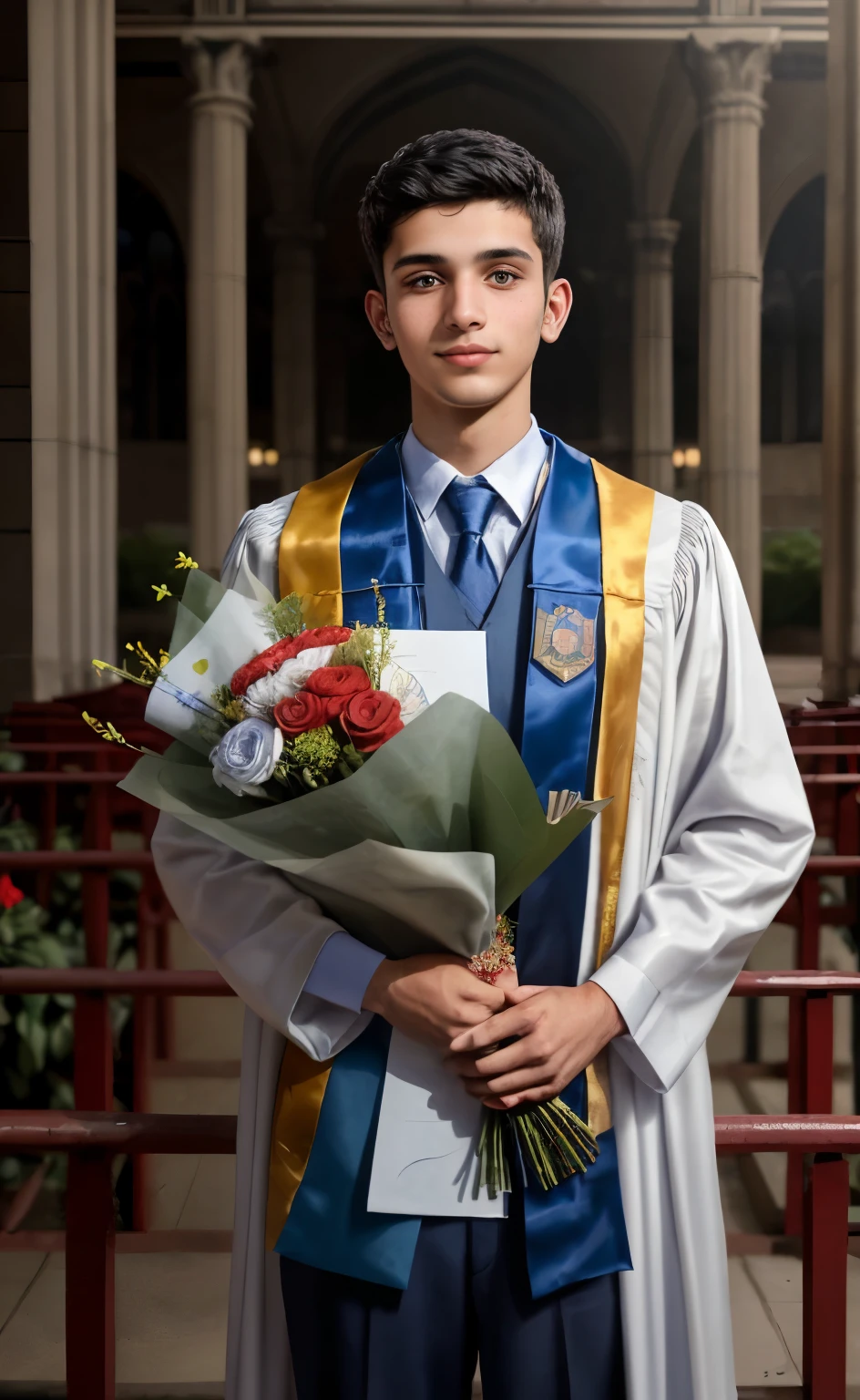 Create a portrait-style painting of a young man at his mechanical engineering bachelor's degree graduation. He stands proudly in his graduation gown and stole, which bears the inscription 'Faishal Yaafi S.T.', holding a bouquet of flowers. In the background, depict the campus where the graduation ceremony took place, capturing the essence of achievement and pride