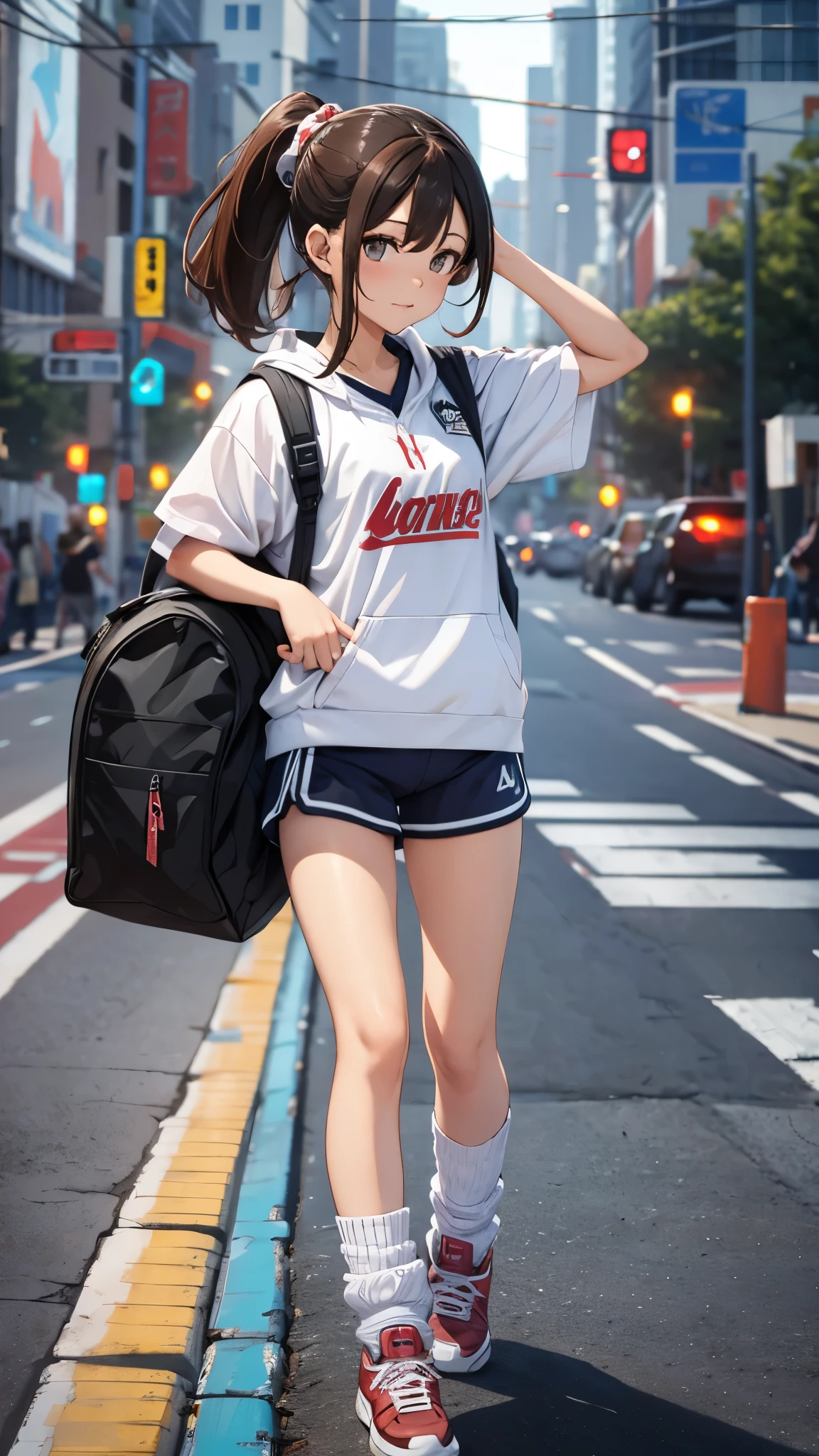 One  girl,ponytail hair,brown hair,((jersey,sports style)),rage,slender body,socks,sneakers.