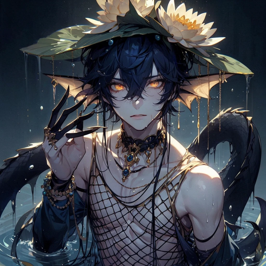 Anime, semi realistic, Male, fins for ears, golden jewelry hanging from ears, fishnet like drapery see through fabric, wet messy dark blue hair, golden slightly glowing eyes, water lily on lily pad on head, Unnaturally narrow waist, water lily in hair, big plump full lips, sickly pale, hollow cheeks, sunken eyes, very skinny, feet jewelry, black fingers long black nails, siren eyes, large black spine protruding from back, lankey limbs, long limbs, contorted body, full body