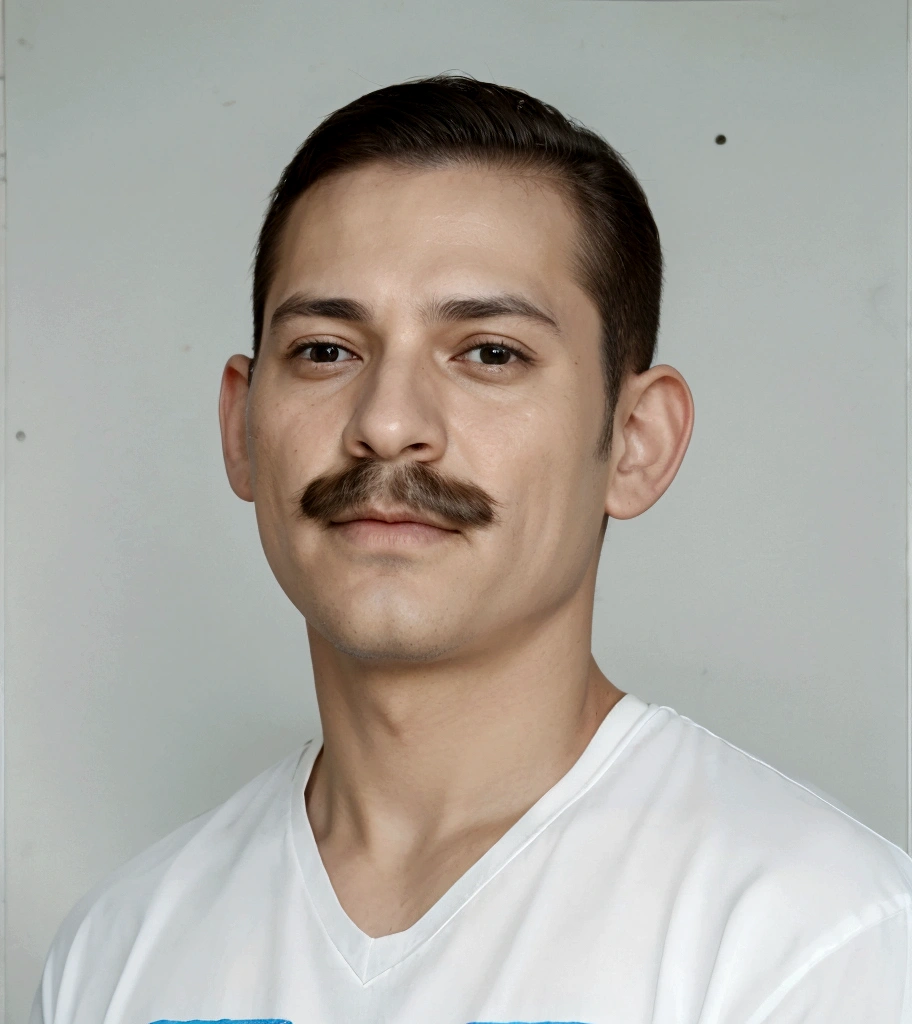 there is a man with a mustache and a white shirt, face detail