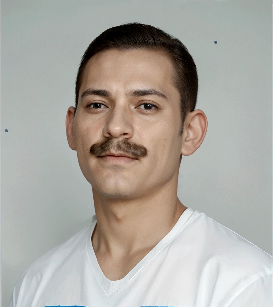 there is a man with a mustache and a white shirt, face detail