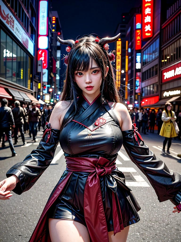 (masterpiece, cinematic photograph capturing the bustling streets of Shibuya, Japan, adorned with a procession of "oni" - traditional Japanese demons, parading through the night under the gaze of the intrigued crowd:1.3), (meticulously composed to convey the dynamic energy of the scene and the mystique of the "oni" creatures:1.2), (the intricate details of the "oni" costumes and the expressions of the people in the crowd adding depth to the visual narrative:1.1), (meticulous attention given to the neon-lit surroundings and the vivid contrast between the "oni" and the modern cityscape:1.1), (the chosen camera, a Canon EOS 5D Mark IV, renowned for its low-light performance, effectively capturing the vibrant atmosphere of the scene:1.1), (paired with a Canon EF 24-70mm f/2.8L II USM lens, allowing for versatility and sharpness in the wide-angle composition:1.1), (a portrayal that evokes a sense of enchantment and cultural fusion in the heart of a bustling city:1.1), (an image that invites viewers to immerse themselves in the urban fantasy and explore the intersection of tradition and modernity:1.1), (an artwork that encapsulates the vibrant nightlife of Shibuya and the captivating allure of the "oni" parade:1.1), (an invitation to witness a unique blend of myth and reality, captured in a cinematic frame:1.1), (a photographic journey that transports the audience to the lively streets of Tokyo's most iconic district:1.1)), Cinematic, Hyper-detailed, insane details, Beautifully color graded, Unreal Engine, DOF, Super-Resolution, Megapixel, Cinematic Lightning, Anti-Aliasing, FKAA, TXAA, RTX, SSAO, Post Processing, Post Production, Tone Mapping, CGI, VFX, SFX, Insanely detailed and intricate, Hyper maximalist, Hyper realistic, Volumetric, Photorealistic, ultra photoreal, ultra-detailed, intricate details, Super detailed, Full color, Volumetric lightning, HDR, Realistic, Unreal Engine, 16K, Sharp focus, Octane render