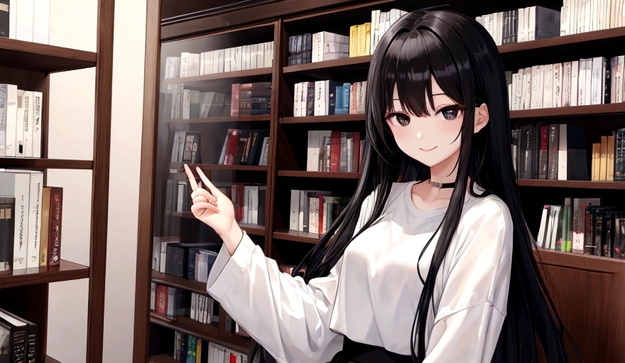 Black Hair、woman、Straight Hair、Bookshelf、White top、skirt、smile、black eye、