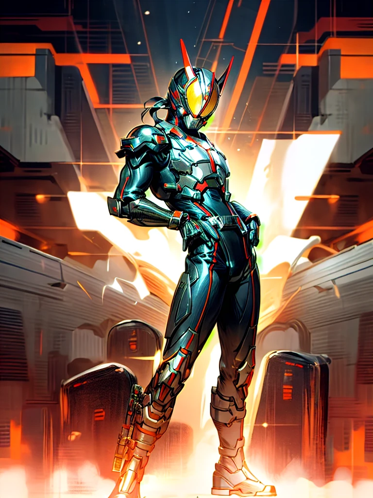 (Very detailed), (Highest quality), Male Anime Characters, Male Focus, percent,　Black footwear, boots,　黒と赤のBodysuits,  gloves,(armor:1), Bodysuits,night,  Are standing, Hands on hips,View your viewers,Helmet,Full Face Mask, Dark Hero、