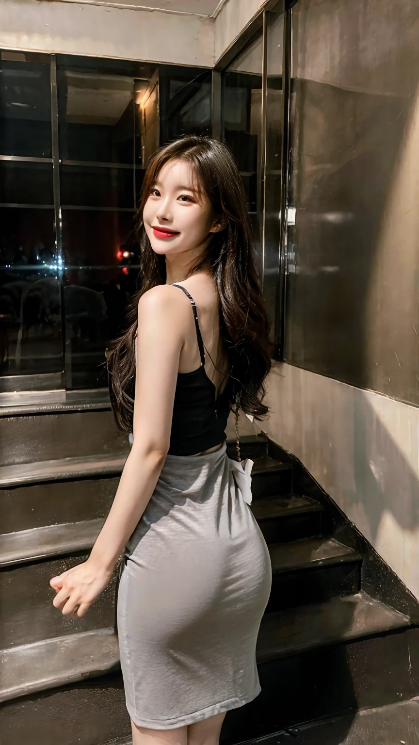 ((masterpiece))、((top quality))、picture、Reality、High level image quality、Advanced depth of field、realistic lighting、bar movement、in the dark、The way up the office stairs、from above、secretary、In my 20s、Delicate and sophisticated facial features、realistic background、big bust、sexy lips、sensual smile、See-through skirt、back、panty lines、big butts、Yuk Deok-jin,mature,Madame,Femme,혼자인 Madame,perfect hands,perfect hands가락 형태,perfect posture and perfect body,full body image,perfect leg shape,perfect feet,mature 얼굴과 표정,a little beautiful face