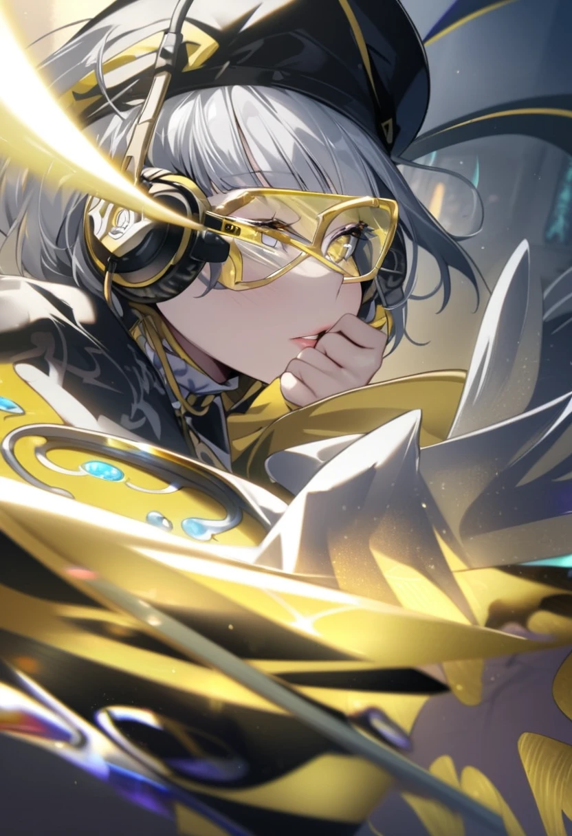 ((top-quality)), ((masterpiece)), ((ultra-detailliert)), (extremely delicate and beautiful), girl with,(((yellow glasses:1.3))), headphone, short hair, blunt bangs,magical feeling vibes,Mystical Shadow,Mesmerizing views,Dynamic Poses,dramatic perspective, Intricate details, vivid hues, Seductive composition, Captivating artwork.Dressed as a fortune teller、Wearing a black hat,Holding a tarot card in your hand、shiny silver hair,