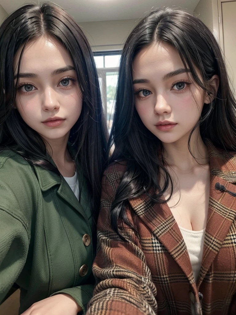 the man has black hair and green eyes, He has a checkered jacket and the woman has black hair and brown eyes with a red dress. They are approximately 20 years old and are very handsome. They are Americans.