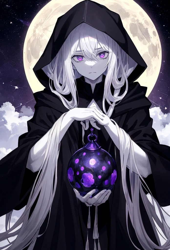 Once a truthful killer of souls. A man dressed in a black robe with a hood. He looked like something sent by darkness itself. He had pale skin like a demon. White Beast Eyes carrying a cold stare like a monster who doesn't care about emotions. White long hair that even his breath was afraid of. He was seen against the backdrop of the crumbling moon, which the sky carried on its palms. He held in his right hand a fruit that was blue and purple and looked like something that would save the world, he made a movement as if he wanted to bite it but didn't, just holding it like that. And all this in the silent darkness of the night sky from which only the moonlight reflected, and the fruit. (young anime man, darkness, 4k, anime)