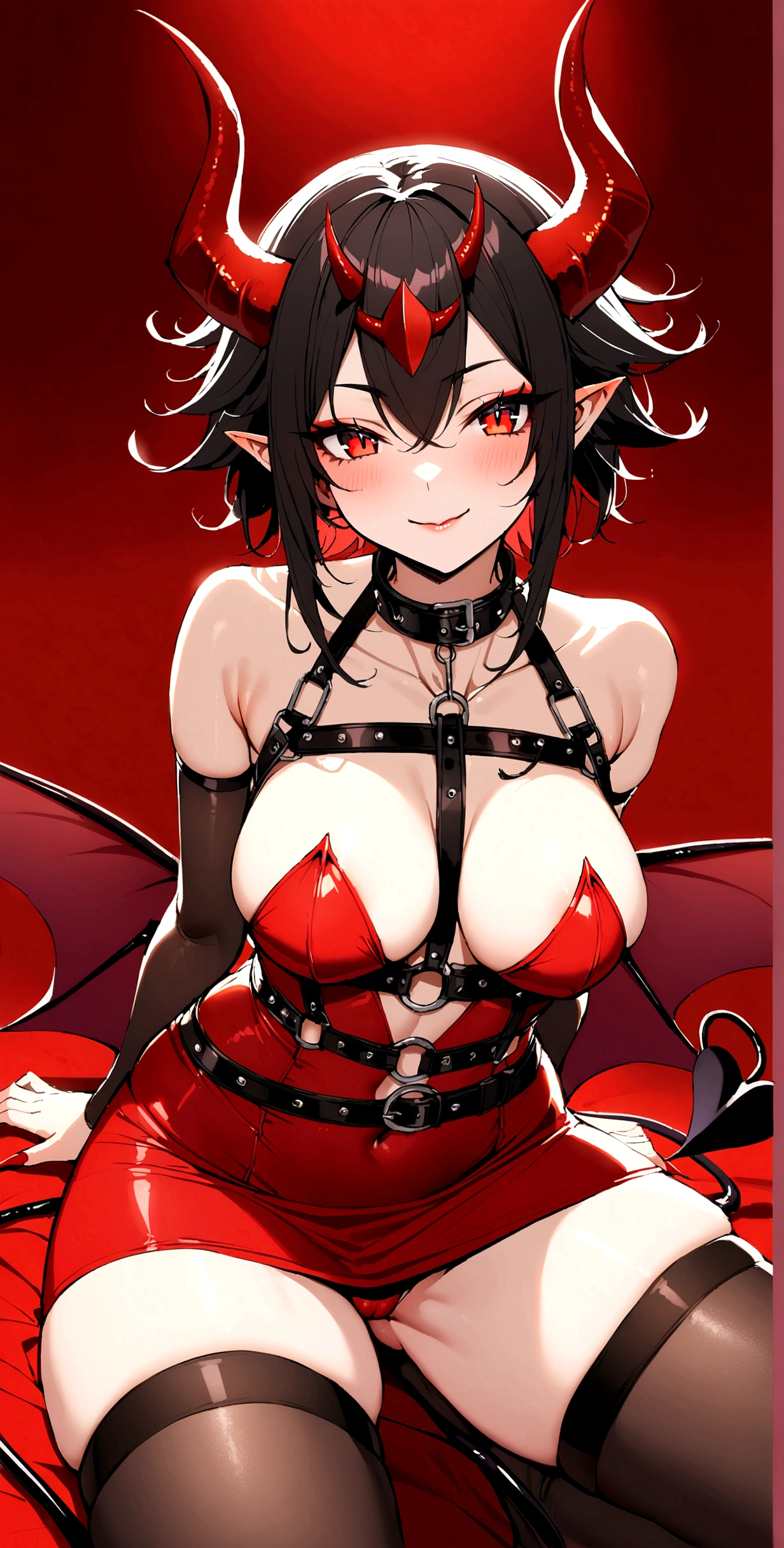 a beautiful red-horned demoness with short black hair, scarlet eyes, and a sexy demon tail, wearing a very short red skirt, tight black stockings, and a harness collar, Very sexy, verver smile