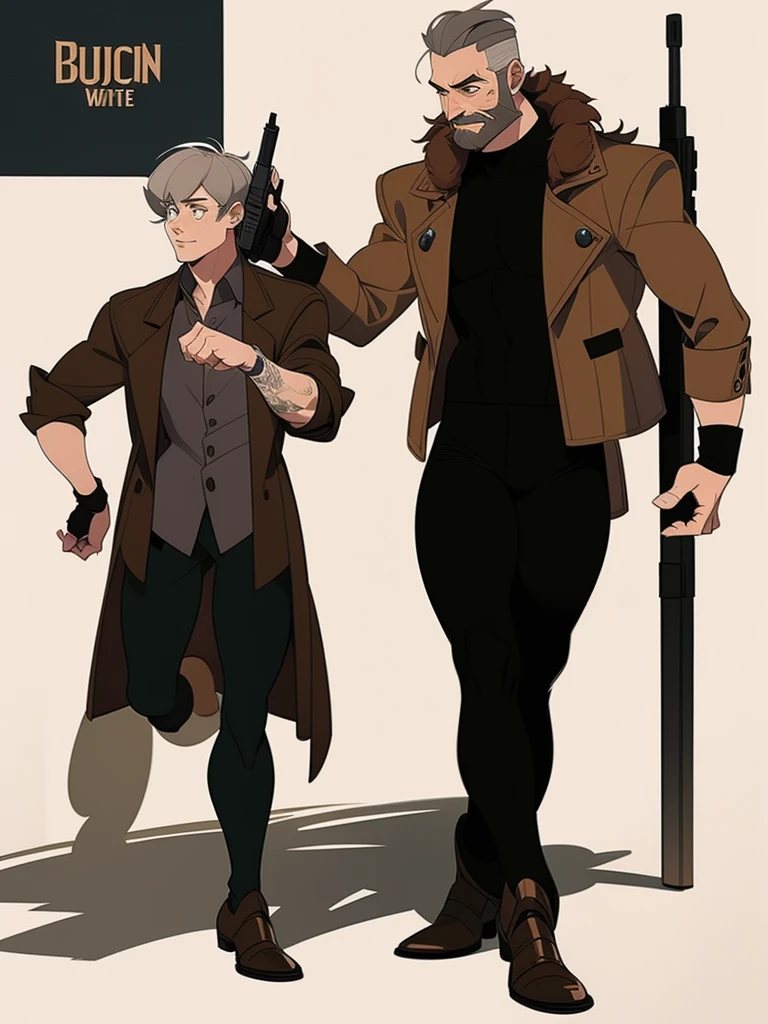 Male, Human, White short hair, fit build, leather brown jacket, full body, gray hair and brown full beard, holding a pistol in one hand.