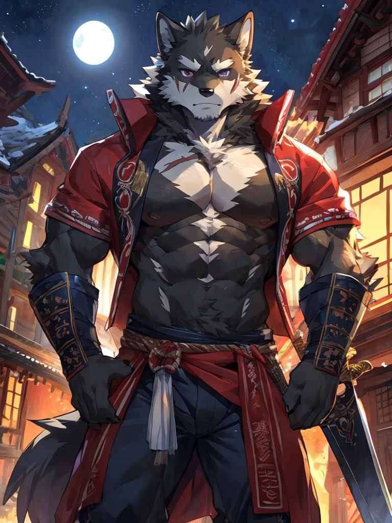 embedding:Black wolf,male, Purple eyes,Scar on the face, Single Person,black fur.Broken eyebrow,tramp Samurai,Samurai suit,Ancient style,With a samurai sword at his waist.Handsome,Muscular,Tall,Serious,Night,Best quality hands, best quality eye,detailed fur,Delicate eyes.Extreme picture quality,by sollyz,by zixiong,by milkytiger1145