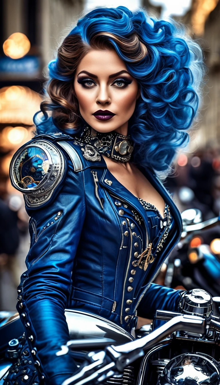 Un portrait hyperréaliste d'une sublime femme royale heureuse et rayonnante conduisant une moto futuriste, (motorcycle très détaillée, mototcycle futuriste de haute technologie), femme aux cheveux bleu sombre foncé très_long, portant une robe en dentelle blanche avec des accessoires steampunk, situé dans une pièce de style victorien avec des éléments mécaniques, seins volumineux, poitrine push-up , regard intense et sensuel , corps élancé,  pose dynamique , masterpiece, hyperRéaliste, masterpiece, superior quality, high resolution, Extremely detailed, highly detailed 8K