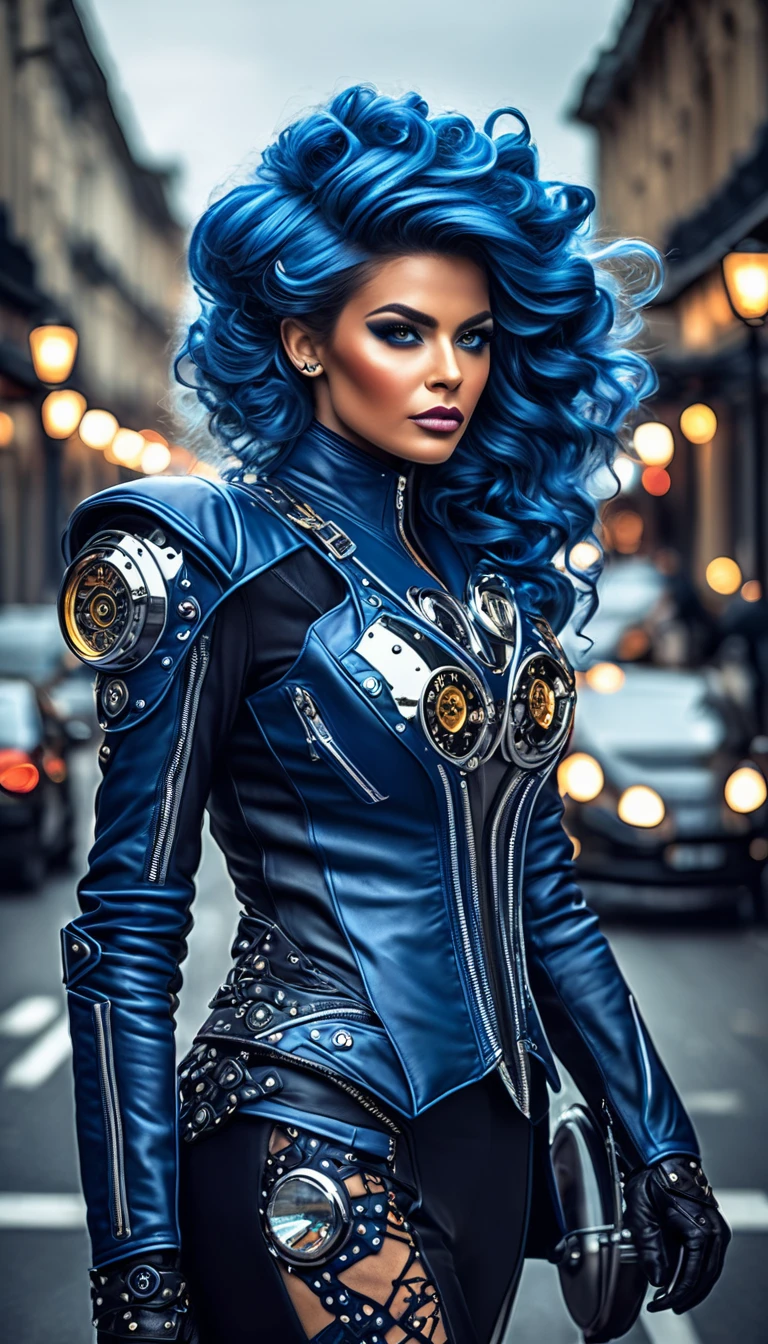 Un portrait hyperréaliste d'une sublime femme royale heureuse et rayonnante conduisant une moto futuriste, (motorcycle très détaillée, mototcycle futuriste de haute technologie), femme aux cheveux bleu sombre foncé très_long, portant une robe en dentelle blanche avec des accessoires steampunk, situé dans une pièce de style victorien avec des éléments mécaniques, seins volumineux, poitrine push-up , regard intense et sensuel , corps élancé,  pose dynamique , masterpiece, hyperRéaliste, masterpiece, superior quality, high resolution, Extremely detailed, highly detailed 8K