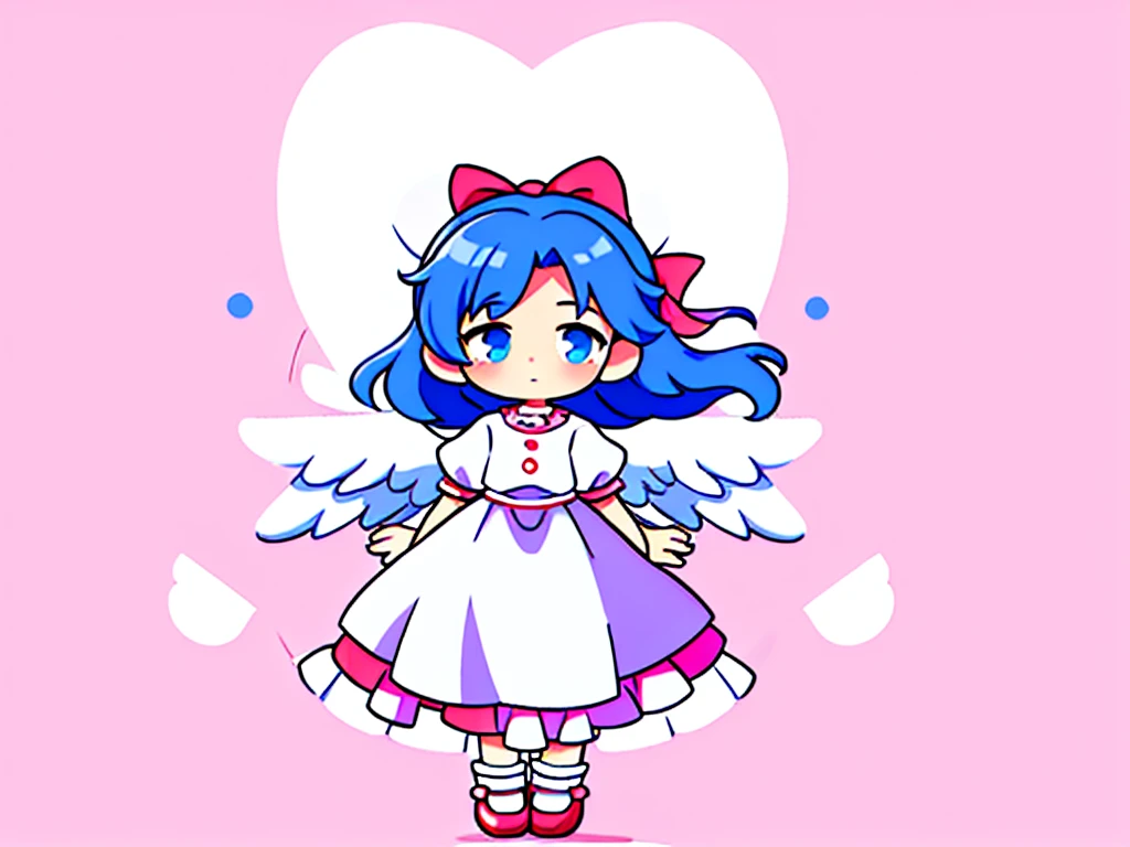 masterpiece, best quality, 1girl, , , 10 years old, medium blue hair, hair flaps, pink ribbon on head, well-formed face, blue eyes, angel girl, white blouse, puffy short sleeves, red ribbon, angel wings, long white skirt, red shoes, frills, ribbon head