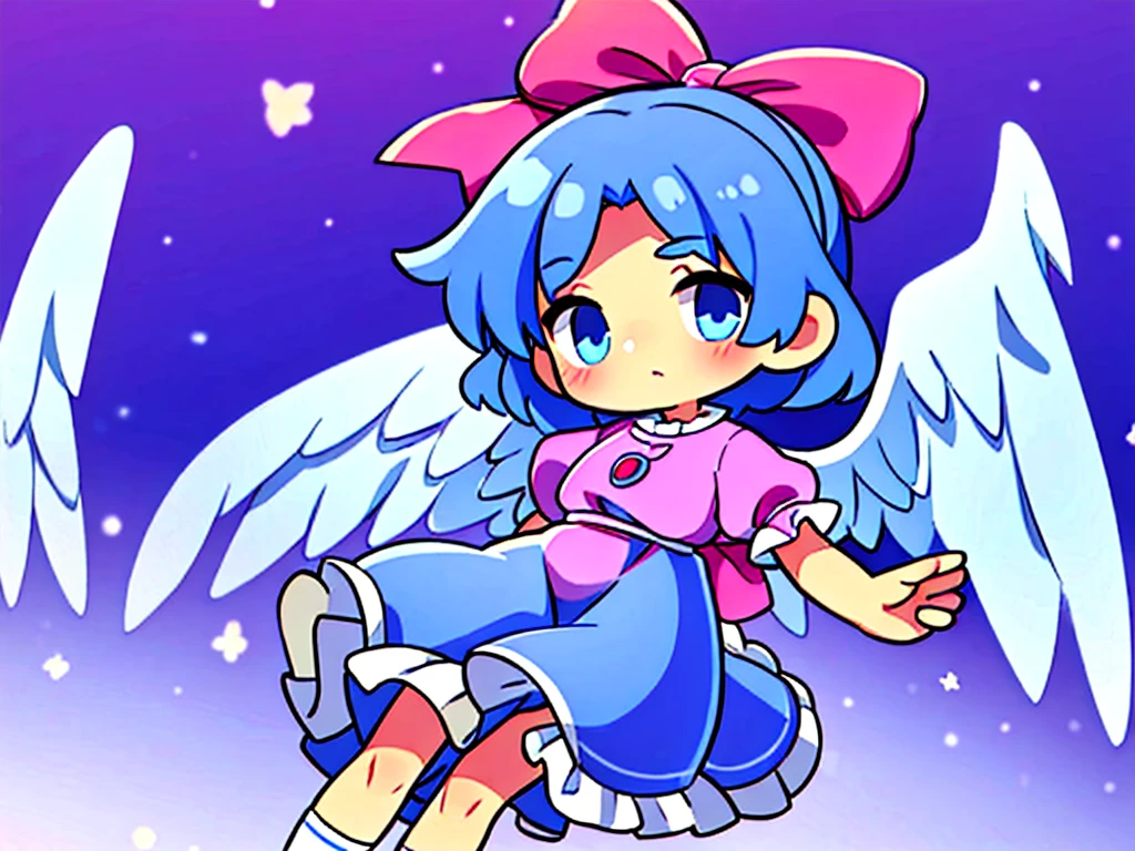 masterpiece, best quality, 1girl, , , , medium blue hair, hair flaps, pink ribbon on head, well-formed face, blue eyes, angel girl, white blouse, puffy short sleeves, red ribbon, angel wings, long white skirt, red shoes, frills, ribbon head