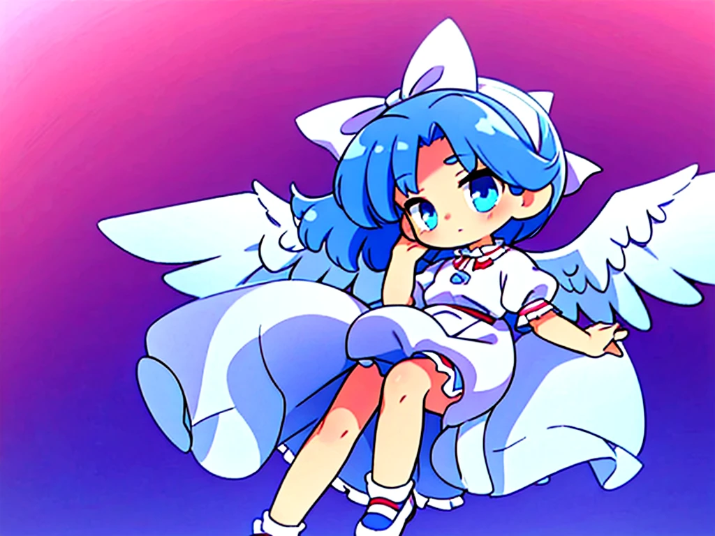 masterpiece, best quality, 1girl, , , 10 years old, medium blue hair, hair flaps, pink ribbon on head, well-formed face, blue eyes, angel girl, white blouse, puffy short sleeves, red ribbon, angel wings, long white skirt, red shoes, frills, ribbon head