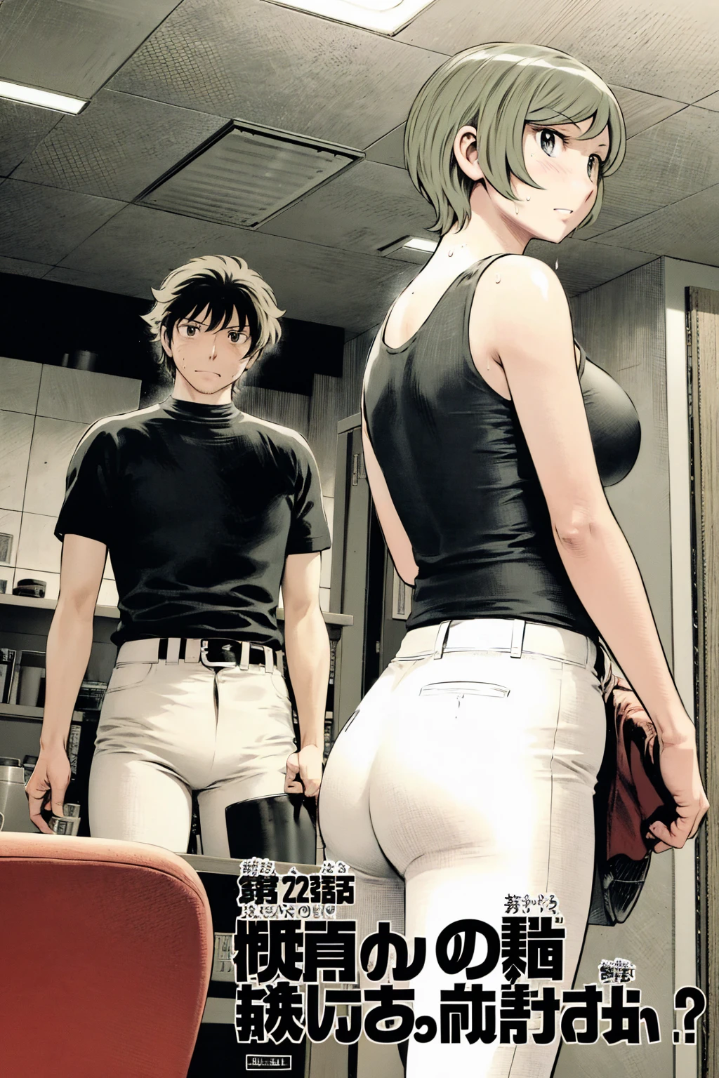 、(masterpiece、Highest quality)、Highest quality, Ultra-high resolution, (((masterpiece))), alone, Sweat、Big eyes,Tight black shirt、Tight white pants、belt、indoor、Composition from the front、(Cut the back hair short、short hair、blonde、woman)、Shortcuts、Embarrassed face、Cut your hair short、可愛いwomanの子、Big Breasts、office